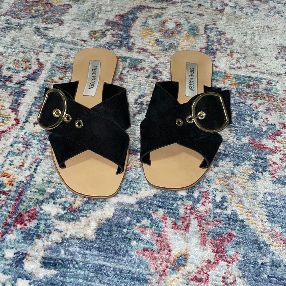 Black suede with gold bucket strap sandals